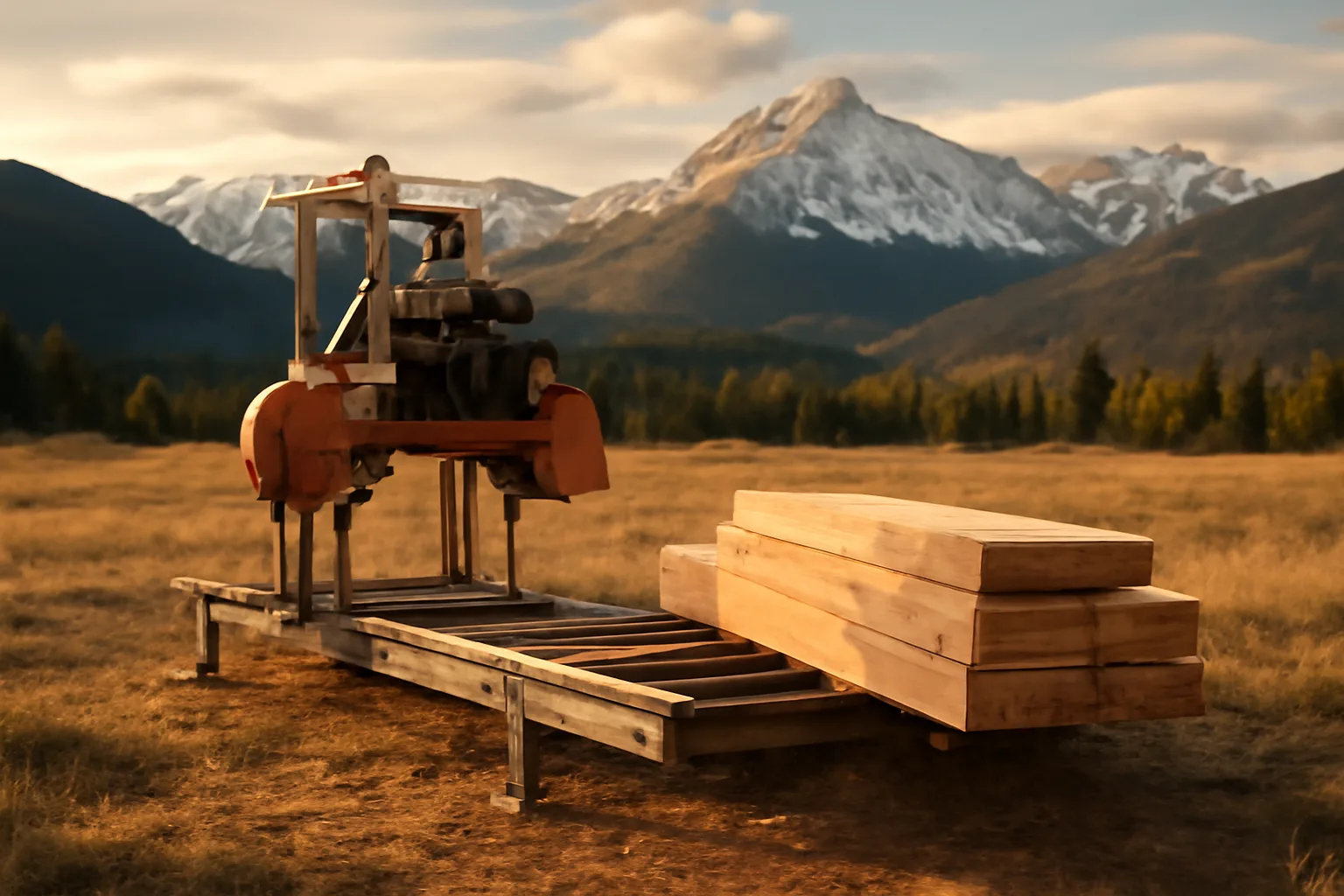 Portable bandsaw mill with fresh-cut pine boards in a Colorado mountain meadow