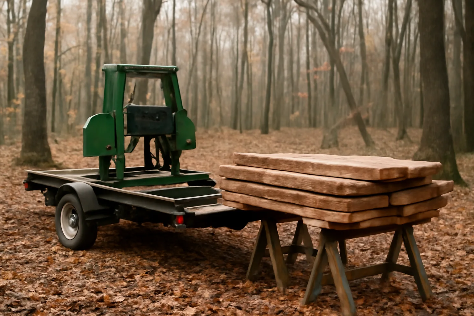 Portable band sawmill in a Connecticut woodlot with fresh-cut oak boards stacked nearby