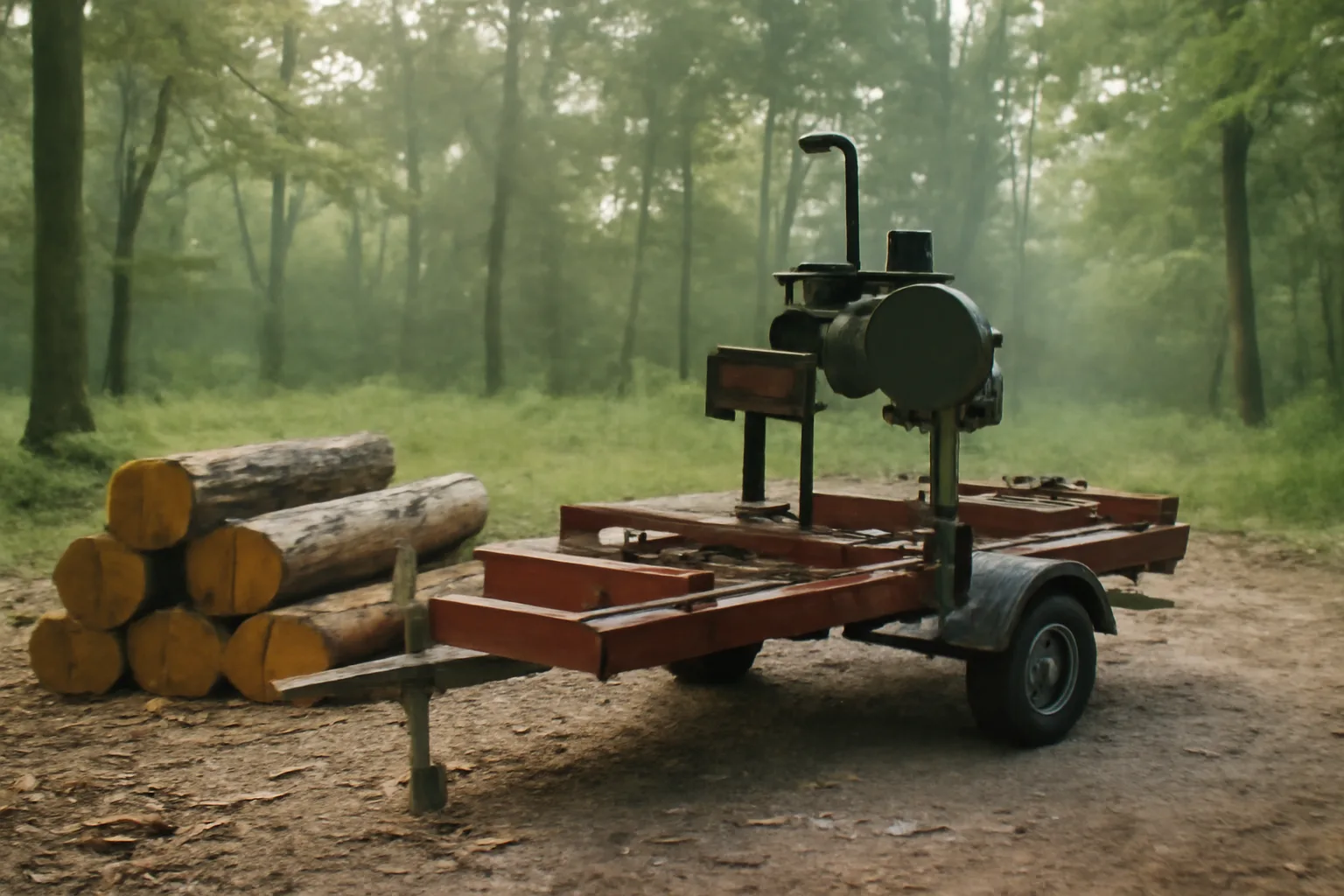 Portable sawmill beside stacked oak cants in a Delaware woodlot