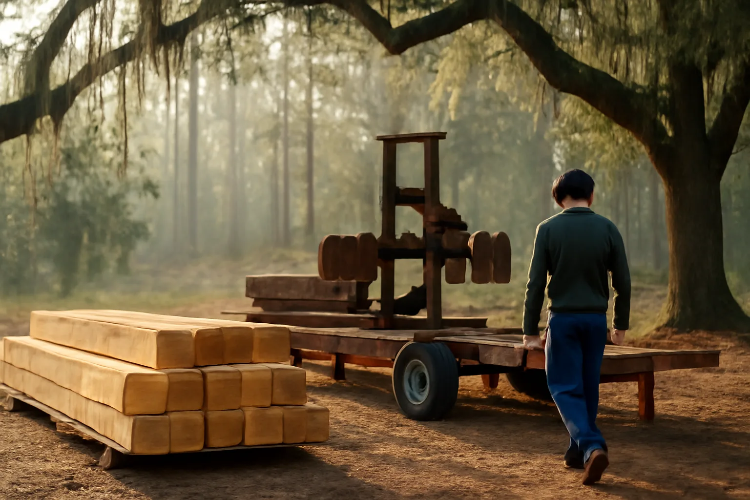 Trailer portable sawmill cutting pine in a Florida woodlot