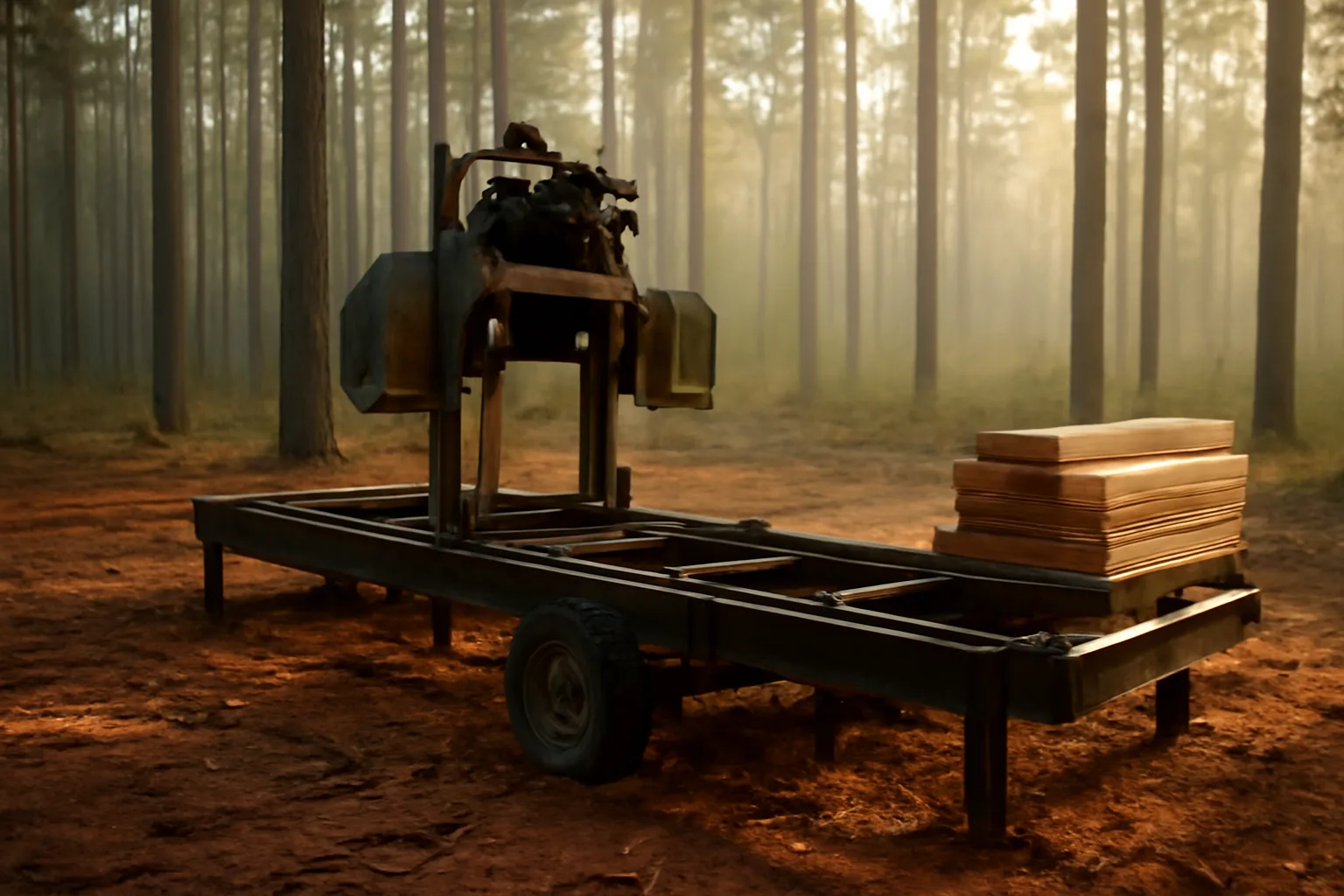 Portable sawmill beside pine logs on red Georgia clay