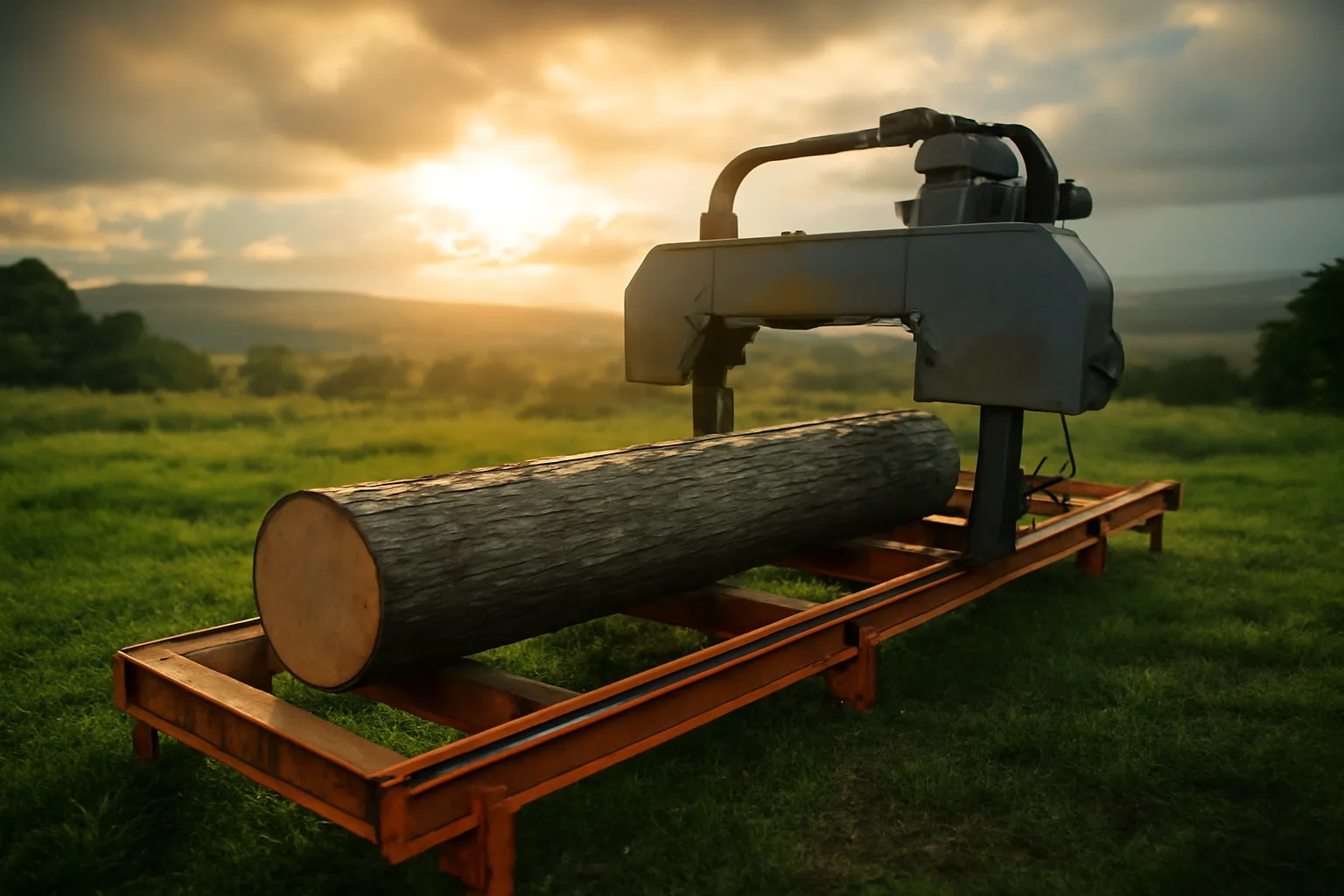 Portable sawmill and log in a Hilo-side pasture at late day